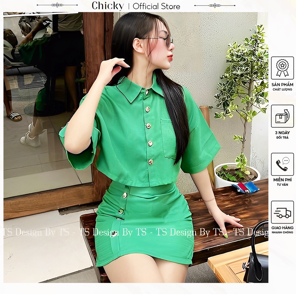 set áo và chân váy áo crotop cổ sơ mi có túi trước ngực phối cùng chân váy đính hàng nút trẻ trung
