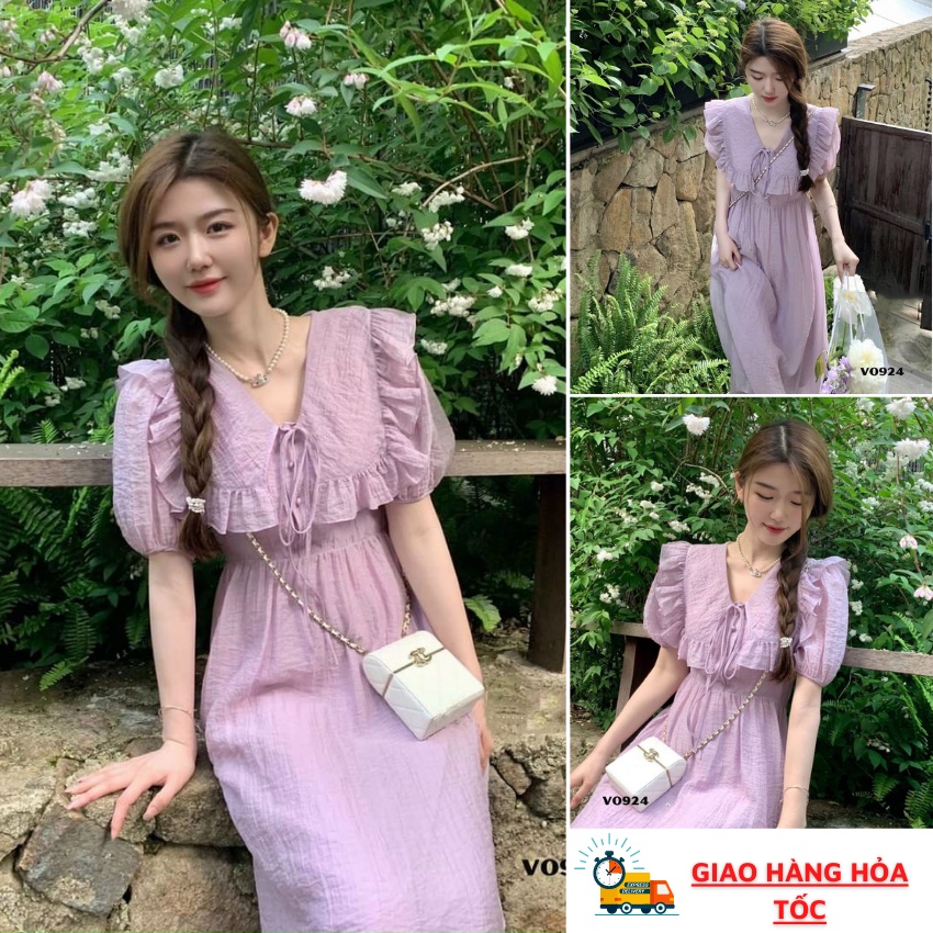 Đầm nữ cổ bèo cột nơ màu tím mộng mơ, chất đũi lụa mềm mịn