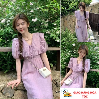 Đầm nữ cổ bèo cột nơ màu tím mộng mơ, chất đũi lụa mềm mịn