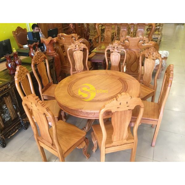 Bộ bàn ăn tròn gỗ gõ đỏ 8 ghế
