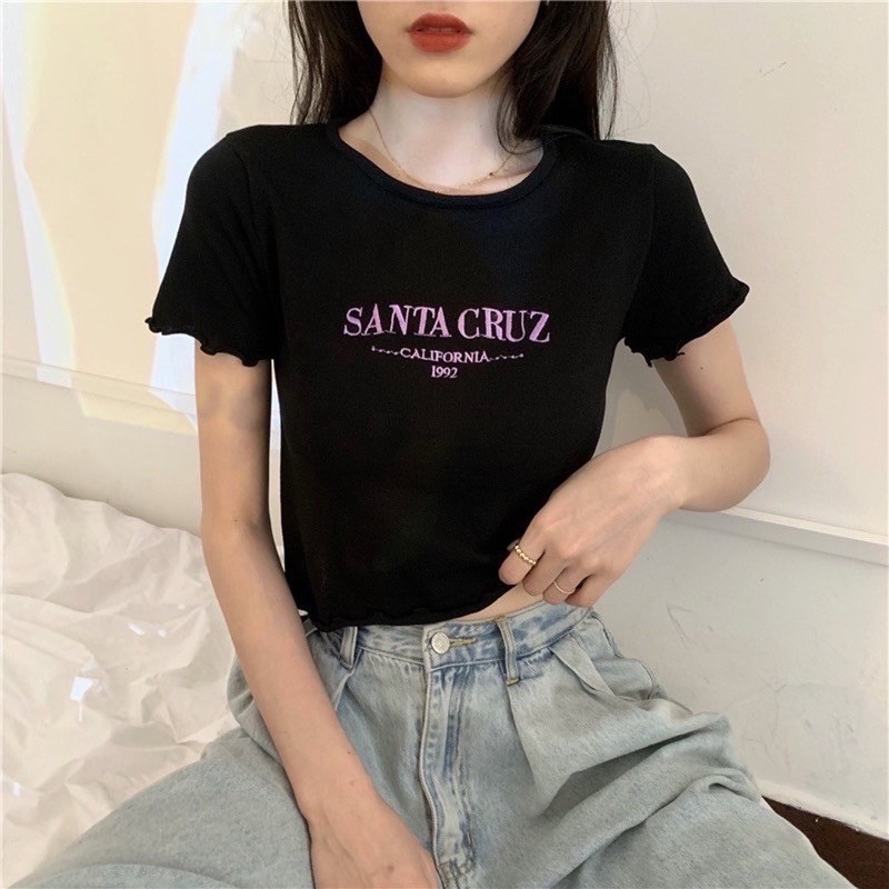 Áo Thun Croptop Thêu Chữ SANTA 2 Màu Đen Trắng (Ảnh Thật + Video)