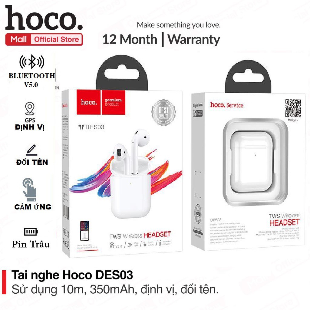Tai nghe Bluetooth TWS Wireless Hoco DES03, định vị, đổi tên thiết bị, bluetooth 5.0, CHÍNH HÃNG BẢO HÀNH 24 THÁNG | BigBuy360 - bigbuy360.vn
