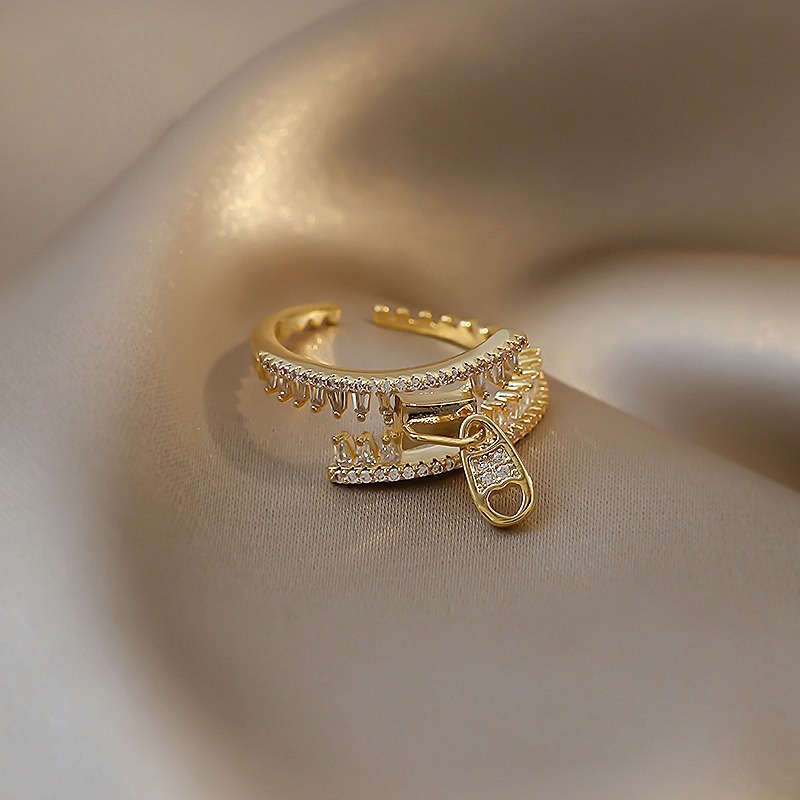 Nhẫn hở mạ vàng hình khóa kéo đính đá thời trang cho nữ