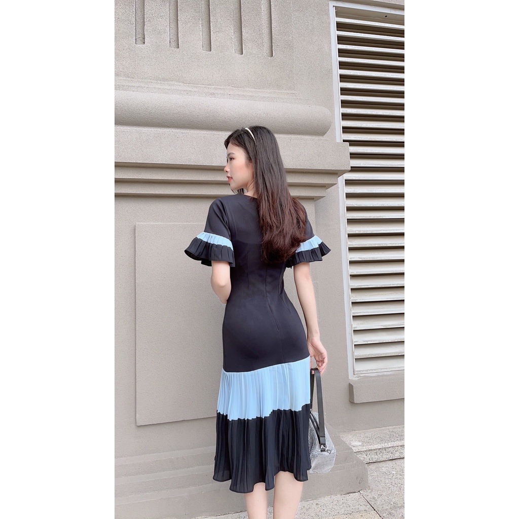 Đầm Công Sở Phối Màu Váy Dập Ly AKARA  K121 Tay Xòe Dập Ly Phù Hợp Đi Làm Dạo Phố Dự Tiệc Full Size | BigBuy360 - bigbuy360.vn