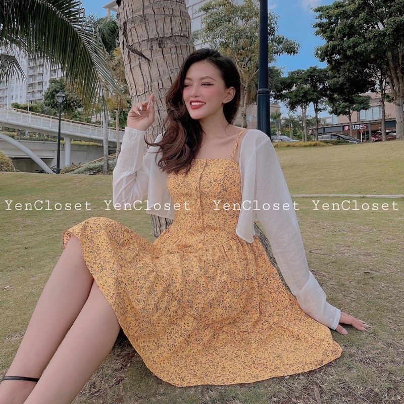 hình chính chủ YenCloset - đầm dây hoa vàng kèm áo khoác tươi tắn , xinh xắn