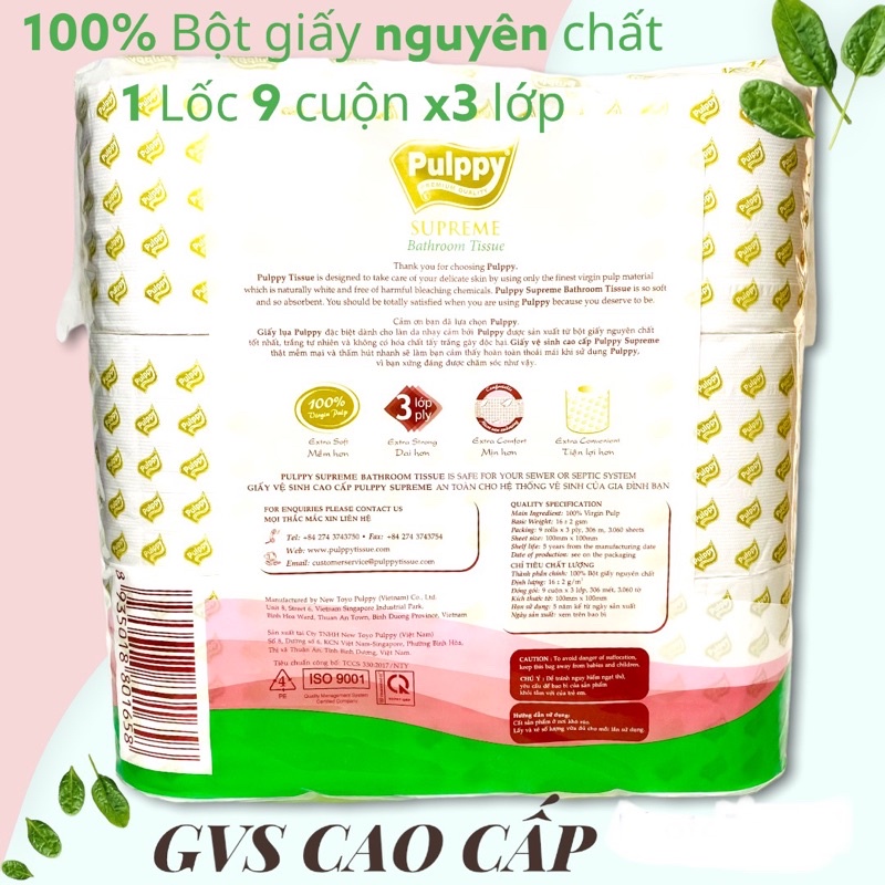 GIẤY VỆ SINH CAO CẤP PULPPY SURPREME BATHROOM TISUE 1 LỐC 9 CUỘN X3 LỚP