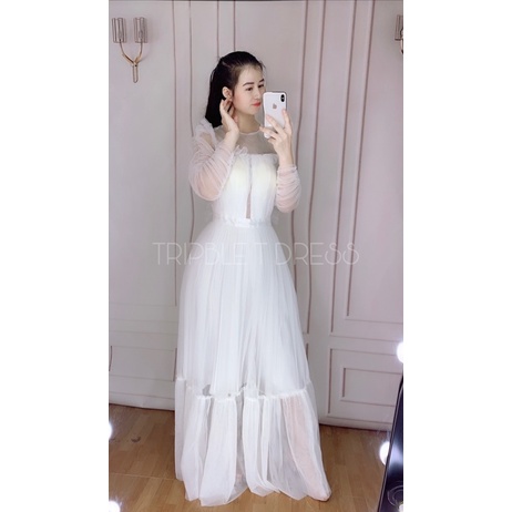 Đầm dự tiệc tay dài dún lưới sang trọng TRIPBLE T DRESS - size M/L (kèm ảnh/video thật) MS336V