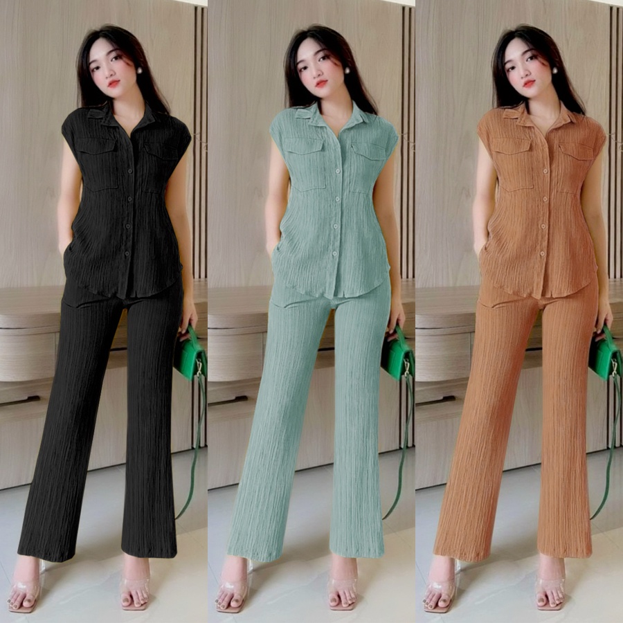Set bộ nữ lụa xốp quần dài ống suông áo sơ mi 2 túi xinh xắn TJ1190