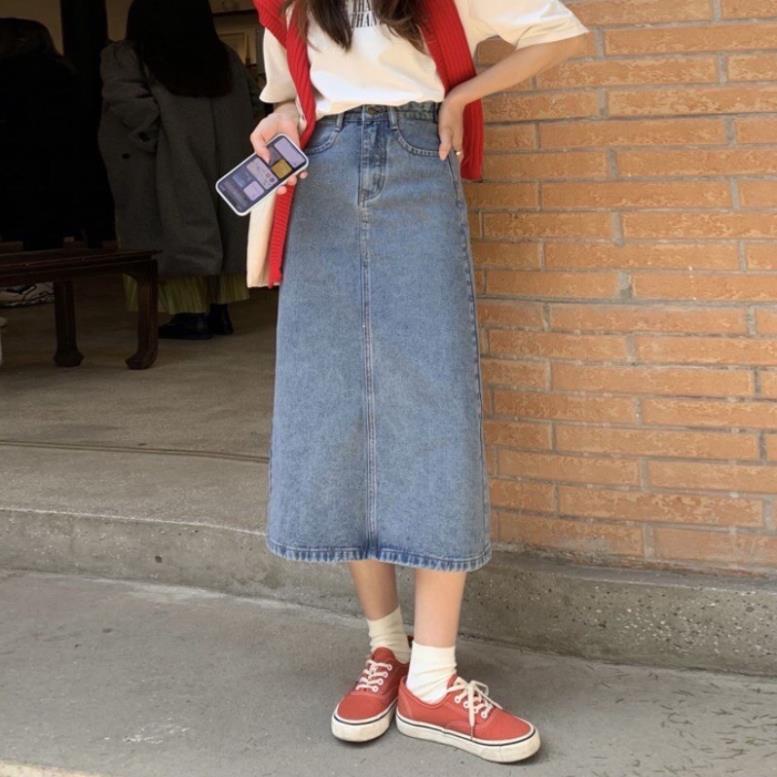 HOT CHÂN VÁY JEANS DÀI SUÔNG COTTON XẺ 1 Bên HÔNG -ẢNH THẬT