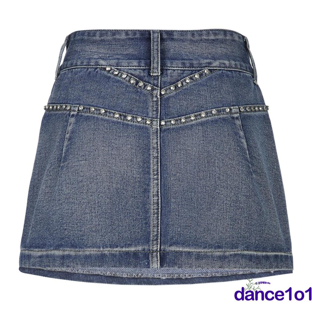 ✲IT✬Women´s Fashion Rhinestone High Waist Flap Pocket Mini Denim Skirts