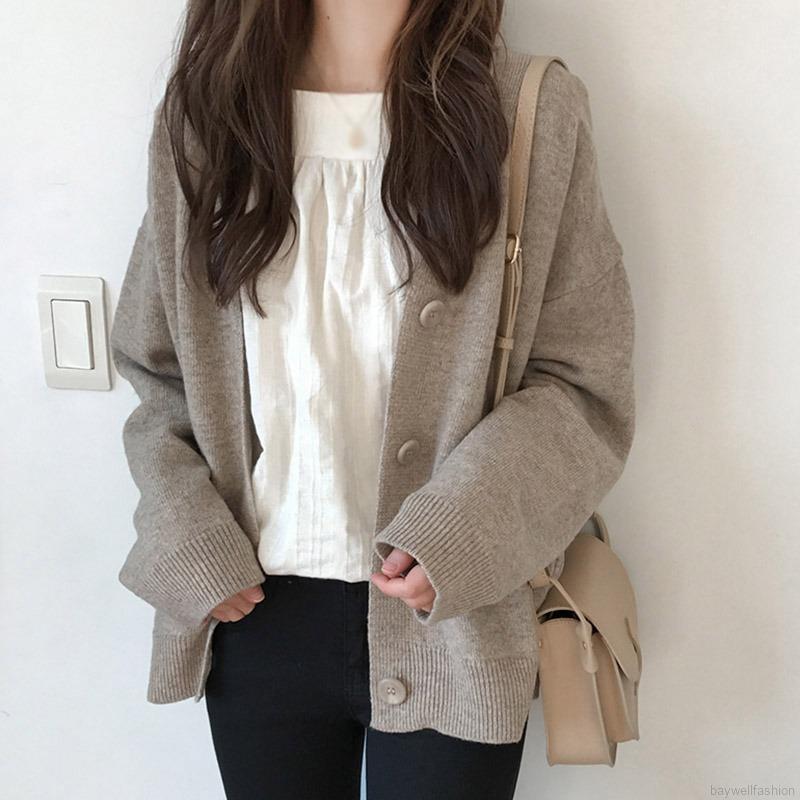 Áo Khoác Cardigan Dệt Kim Cổ Chữ V Tay Dài Màu Trơn Kiểu Hàn Quốc Đơn Giản | BigBuy360 - bigbuy360.vn