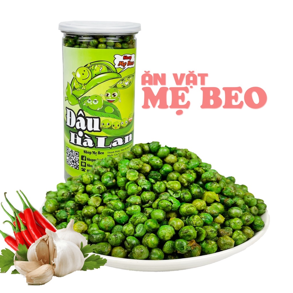 Đậu hà lan tỏi ớt sấy giòn hộp 450gr ăn vặt cực ngon