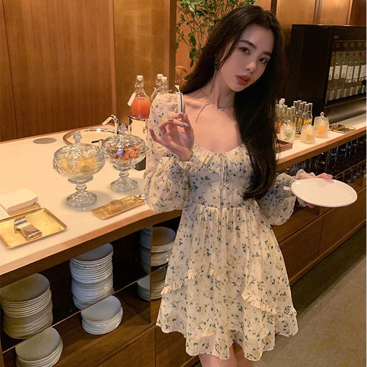 Đầm voan COZOKC cổ vuông in hoa xinh xắn thời trang cho nữ