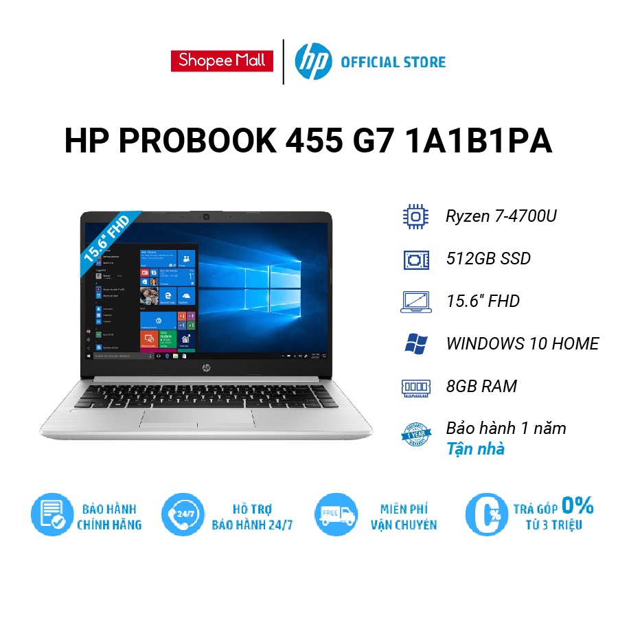 [Mã ELHP128 giảm 12% đơn 10TR] Laptop HP ProBook 455 G7 1A1B1PA | R7-4700U| 15.6" FullHD| 8GB RAM | 512GB SSD| WIN10