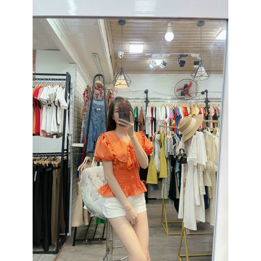 Áo kiểu nữ cổ sen tay bồng chun eo chất thô hàn