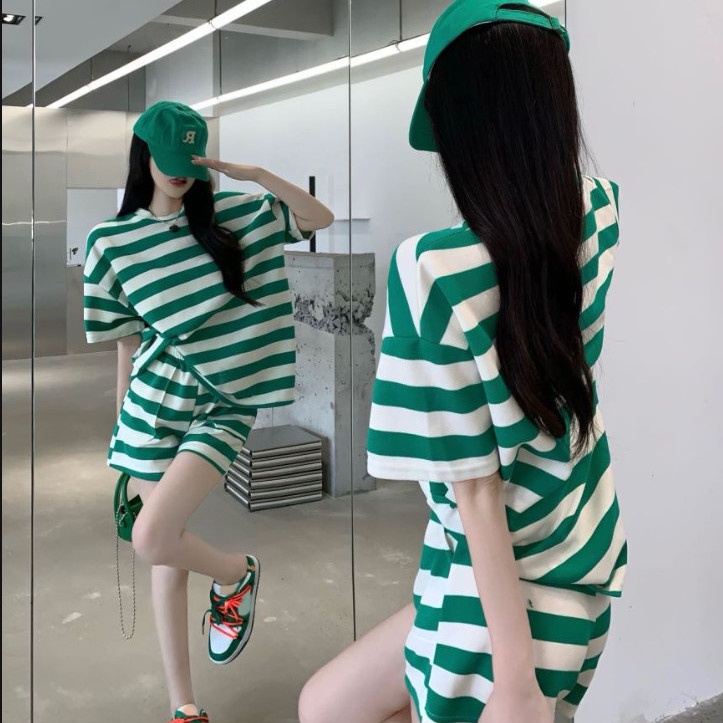 COZOK Set Đồ Thể Thao Ngắn Kẻ Sọc Màu Sắc Thời Trang Cho Nữ