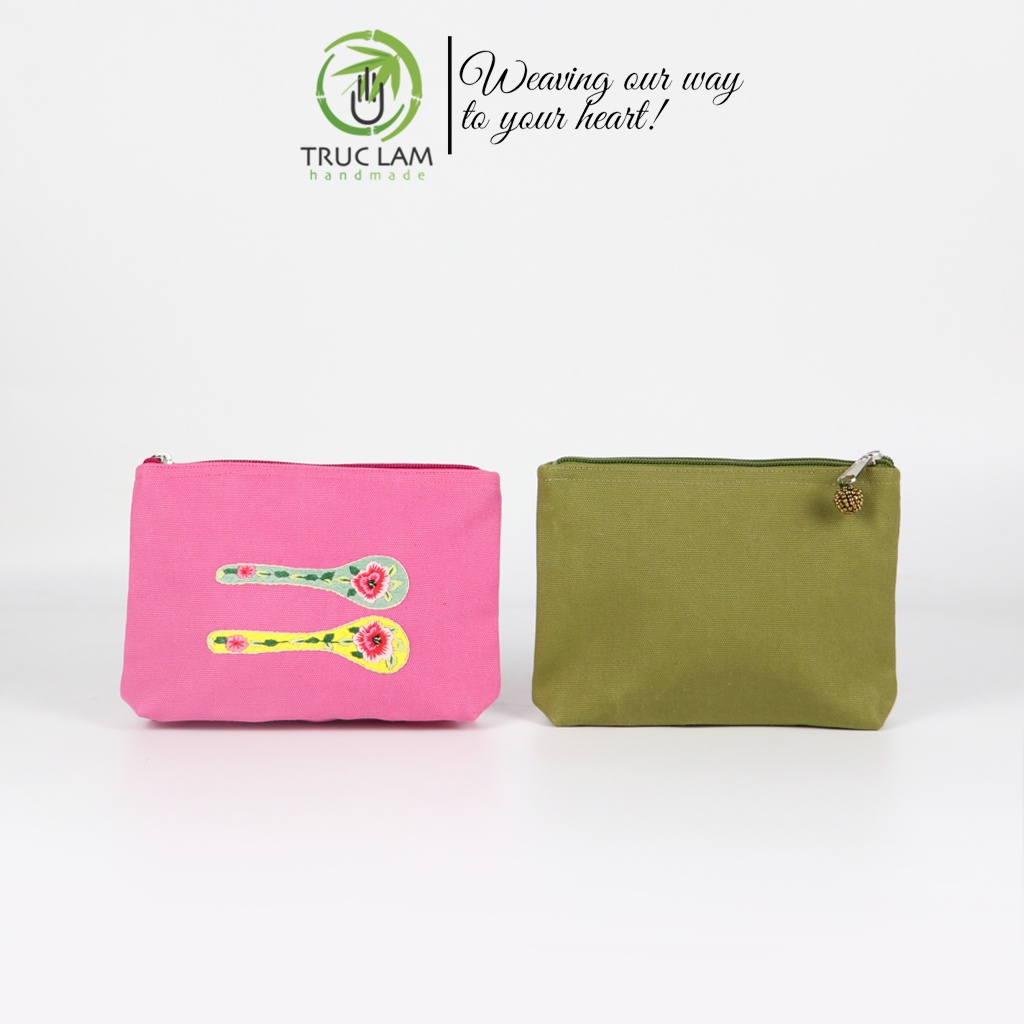 Ví Cầm Tay Nữ Vải Canvas Thêu Tay Họa Tiết Hai Chiếc Thìa Hoa - Trúc Lâm Handmade