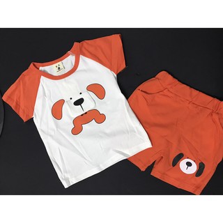Bộ đồ Bé trai/Bé gái Ngắn tay Thun Raglan chú cún ngồi phối túi độc đáo Quảng Châu cao cấp