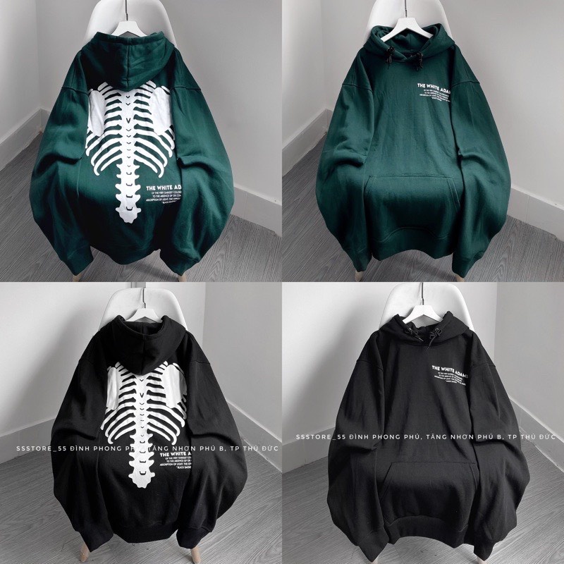 Áo Hoodie Xanh Rêu In Hình Xương Form Rộng Nữ - Khoác Nỉ Ngoại Mũ 2 Lớp Chất Mịn Tay Bồng Unisex Phong Cách Ullzang