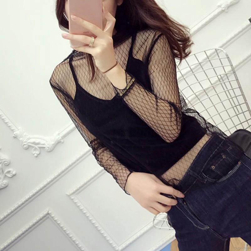 Sexy Blouse Long Sleeve Stand Collar Lace Shirt Mesh Net | BigBuy360 - bigbuy360.vn