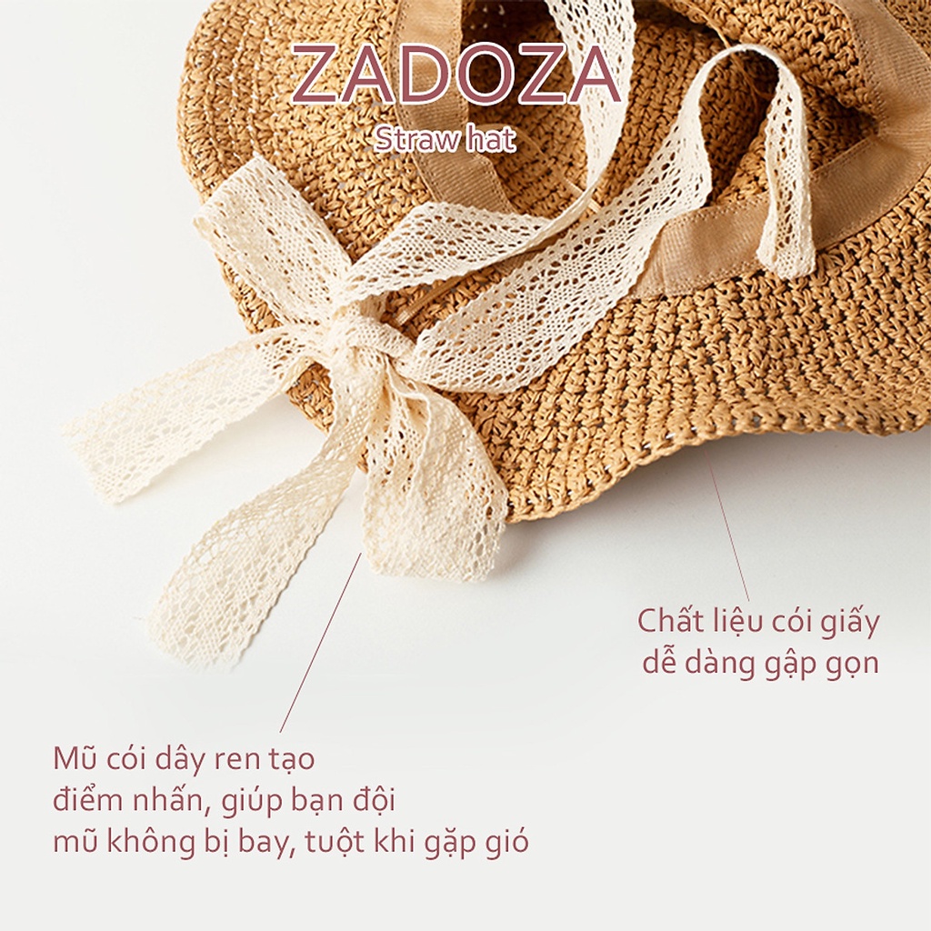 Mũ cói đi biển có quai ren gấp gọn