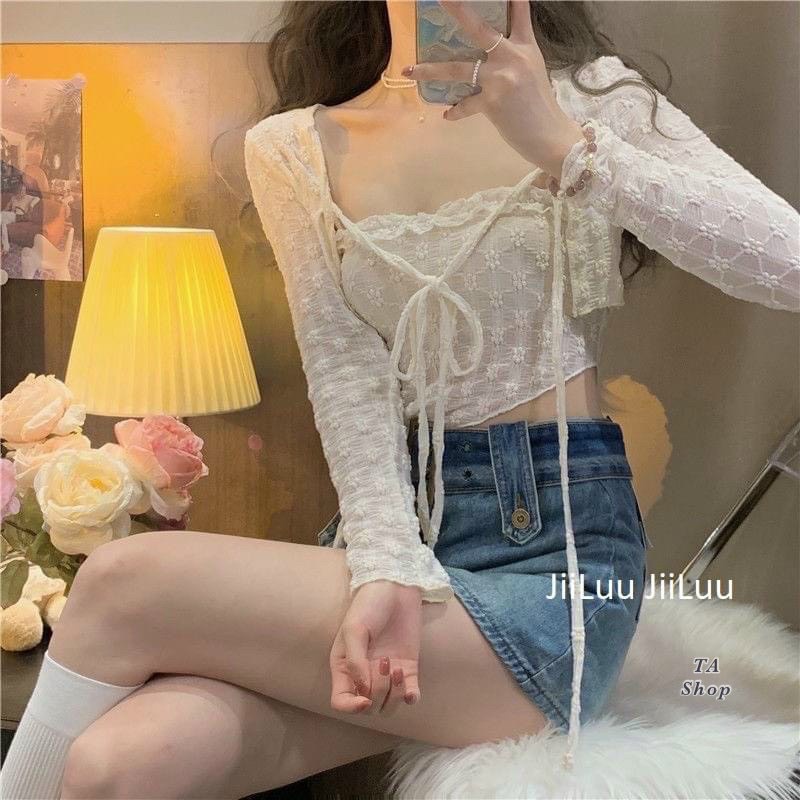 Set cardigan kèm áo 2 dây hoa chìm ulzzang Hàn Quốc hàng QC