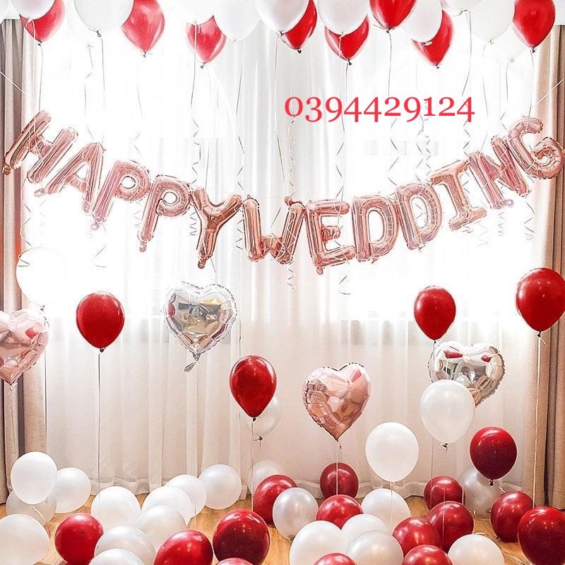 [Tặng 100 Cánh Hoa Hồng] Sét Bóng Happy Wedding Trang Trí Phòng Cưới Tông Đỏ Trắng [ KHUYẾN + MẠI]