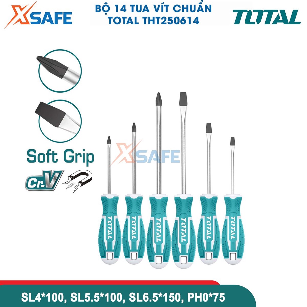 Bộ 14 tua vít TOTAL THT250614, bộ tua vít chất liệu CR-V,  lưỡi tròn, dùng để siết chặt hoặc gỡ bỏ ốc vít [CHÍNH HÃNG]
