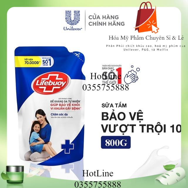 Sữa tắm túi Lifebuoy 800g dưỡng ẩm mềm mịn giúp bảo vệ khỏi 99.9% vi khuẩn và ngăn ngừa vi khuẩn lây lan trên da