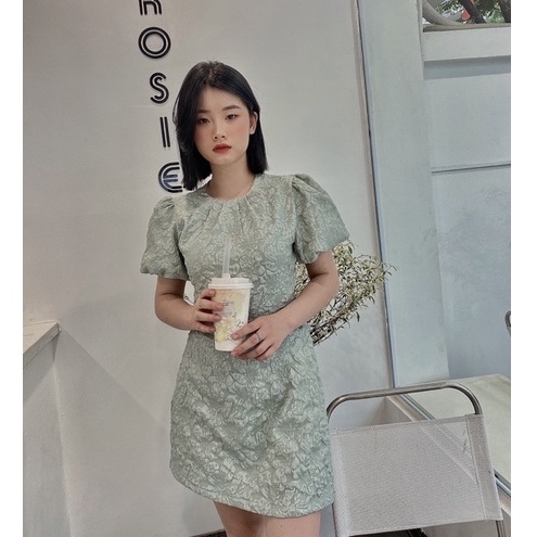 Đầm đi tiệc đầm gấm xốp tay phồng, Váy đi tiệc thắt nơ hở lưng tay bồng phong cách công chúa tiểu thư size S M L
