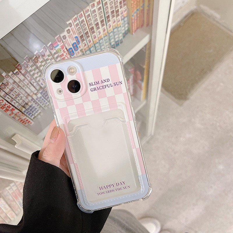 Ốp lưng iphone ốp Điện Thoại Họa Tiết Sọc Caro Màu Hồng / Xanh Dương Kèm Ngăn Đựng Thẻ Cho iPhone 14 13 12 11 PROMAX XS XR XSMAX SE2020 6 7 8PLUS