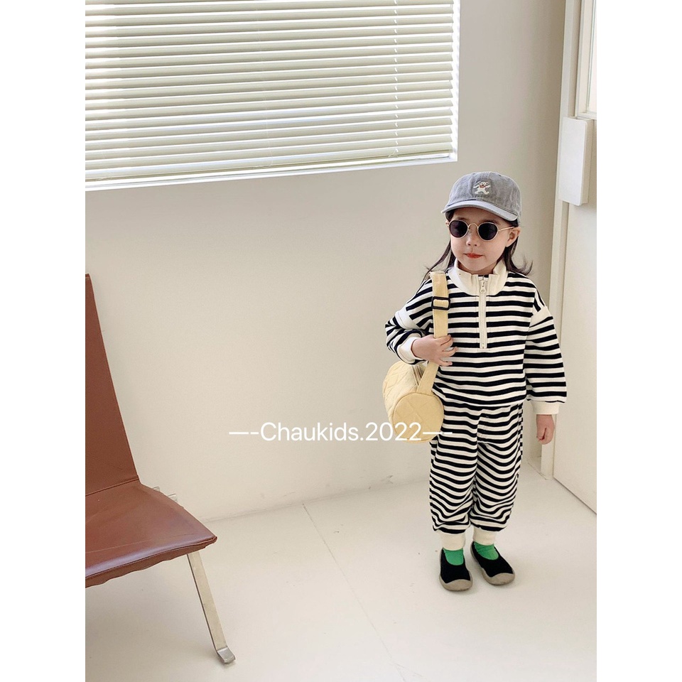 [SALE] Bộ Dài Tay Vải Len Zip Hàn Quốc Bé Trai, Bé Gái Kẻ Sọc Phối Tay, Bộ Quần Áo Cho Bé Mặc Thu Đông CKTD15