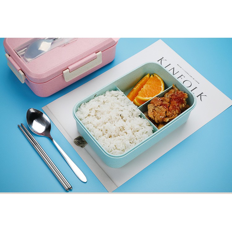 Hộp cơm Lúa mạch 3 ngăn kèm đũa muỗng inox tiện lợi #C438