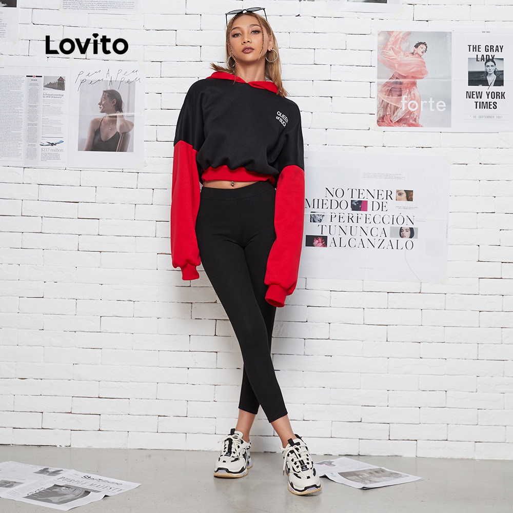 Quần ôm Lovito L08062 họa tiết in chữ cái co giãn cao phong cách cơ bản thường ngày (màu đen / xám nhạt)
 | BigBuy360 - bigbuy360.vn