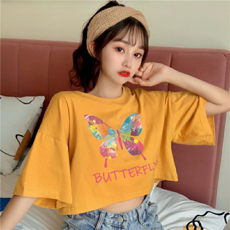 Áo croptop, áo kiểu croptop from rộng tay lỡ chất cotton mát mịn in hình BUTTE