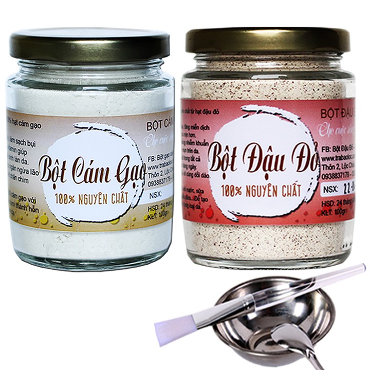 Combo Bột Đậu Đỏ + Bột Cám Gạo - Nguyên Chất Vũ Gia (100g/hũ) + Tặng Bộ Đắp Mặt