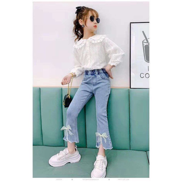 Quần Jeans thời trang ống loe gắn nơ xinh xắn cho bé gái JN02 size đại 10-35kg