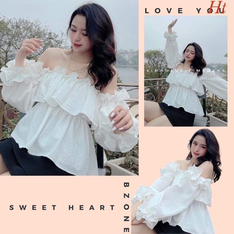 Áo trễ vai bánh bèo xếp lớp tay bồng H2A866