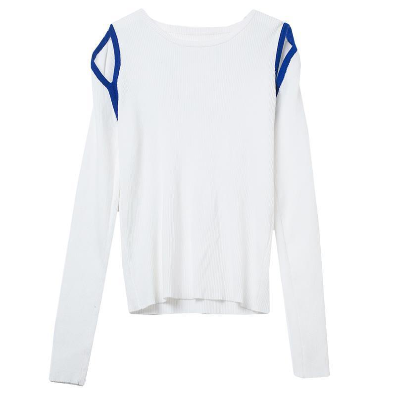 Áo Thun Tay Dài Khoét Vai Màu Sắc Tương Phản Thời Trang Mùa Thu Cho Nữ