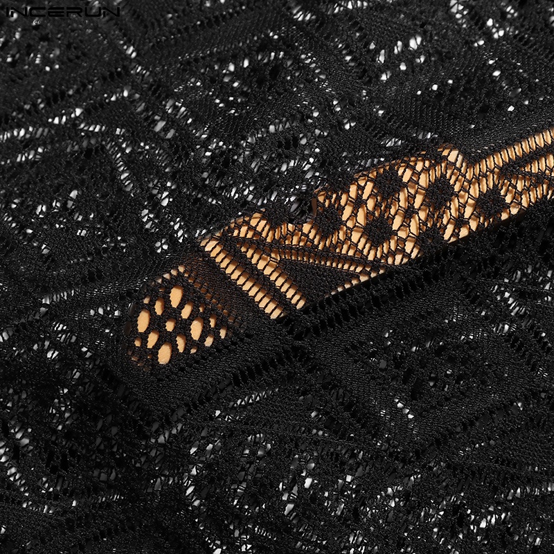 INCERUN Áo Sơ Mi Tay Dài Phối Lưới Thiết Kế Lỗ Thời Trang Cho Nam