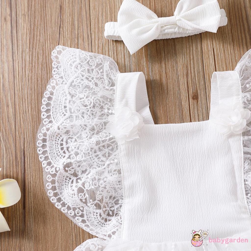BABYGARDEN-0-24months Baby Girls Summer Lace Romper Sweet Style Flower Pattern Fly Sleeve Layered Skirt Splicing Jumpsuit + Headwear