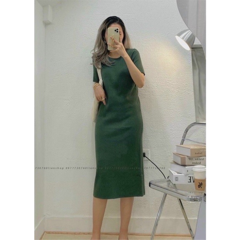 Váy len cổ tròn sọc gân dáng suông style Hàn