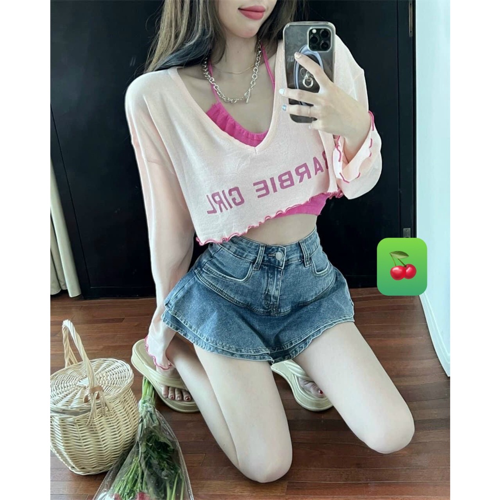 Sét 3 món áo yếm phối áo cổ tim dài tay in chữ Babie kèm quần body rút dây 2 bên cực hot , chất thun gân mềm mịn ly aloh