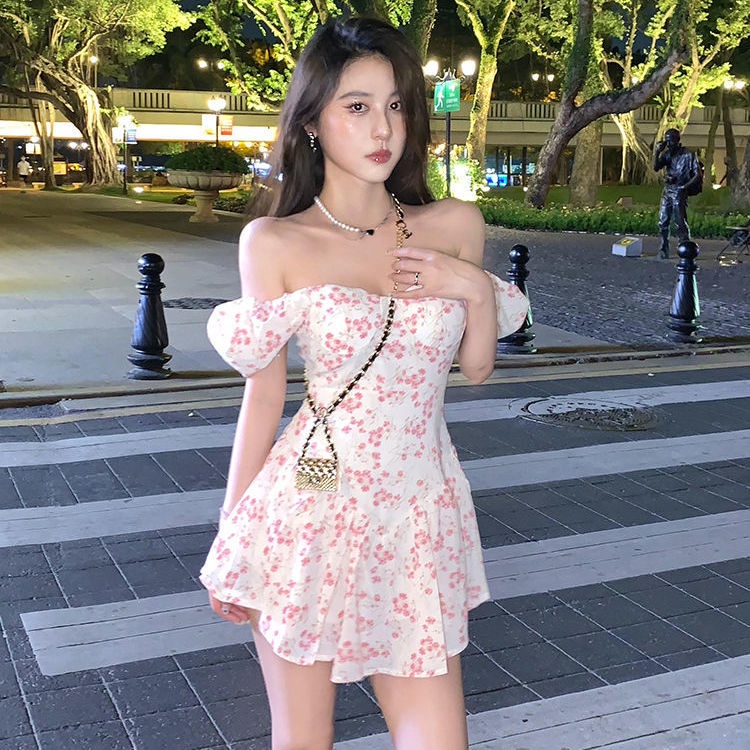 Đầm công chúa trễ vai tay ngắn phồng in họa tiết hoa thời trang mùa hè mới