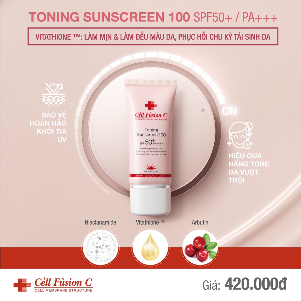 Kem chống nắng Cell Fusion toning Sunscreen 100 SPF 50+ PA+++ 50ml - Trắng Sáng Tươi Trẻ