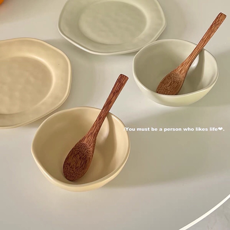 Set bát đĩa gốm sần cao cấp viền lượn pastel cao cấp Bonmi