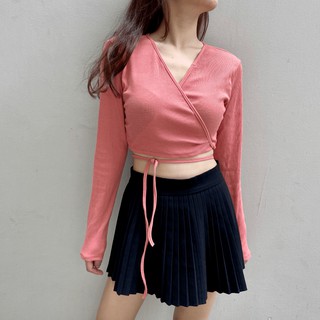 Áo Croptop Nữ Tay Dài Đắp Chéo - Chất Thun Gân Dày Dặn Màu Hồng Đậm Cá Tính