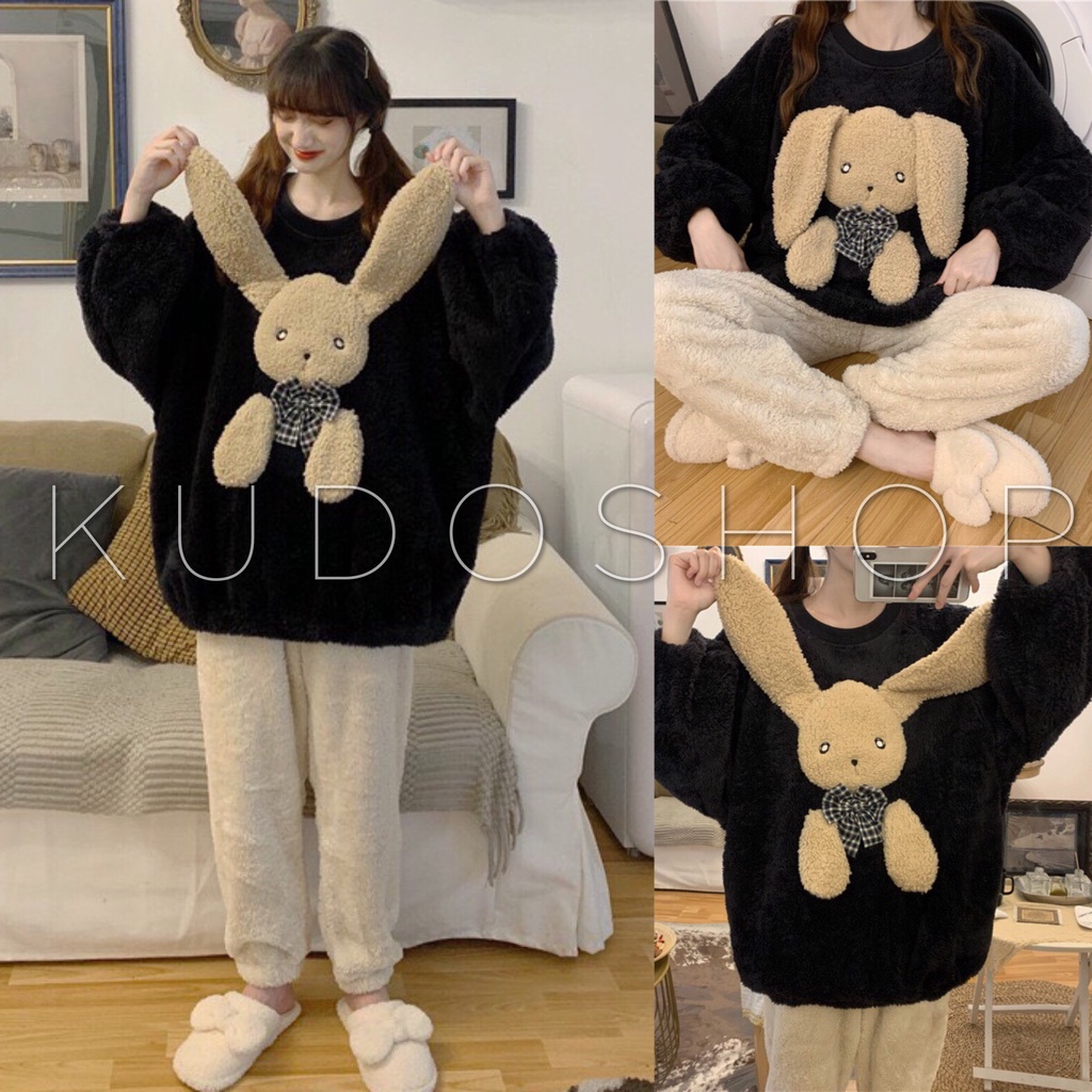 Bộ ngủ lông thỏ kute tay bồng phom rộng trẻ trung xinh xắn/ Set áo sweater lông cừu phối quần dài ống rộng_kudoshop