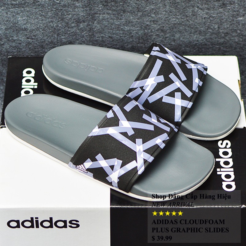 Dép Adidas Cloudfoam Plus Graphic màu xám quai đen sọc môn trắng