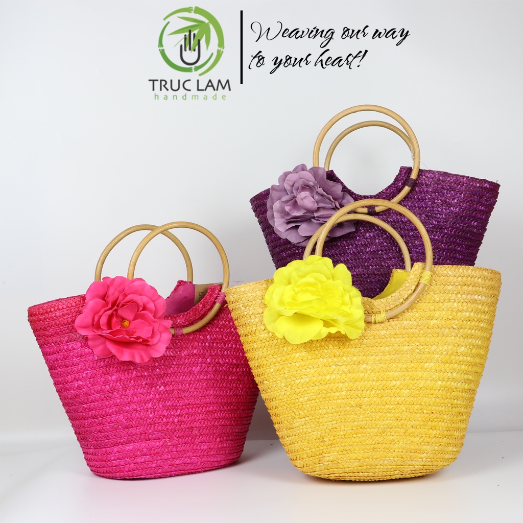 Làn Cói Xách Tay Thời Trang Nữ Quai Mây Tròn Gắn Hoa Lụa – Trúc Lâm Handmade